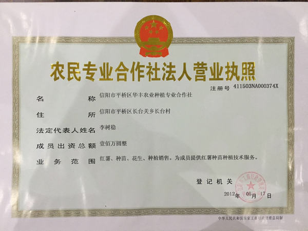 信陽(yáng)紅薯苗合作社法人營(yíng)業(yè)執(zhí)照